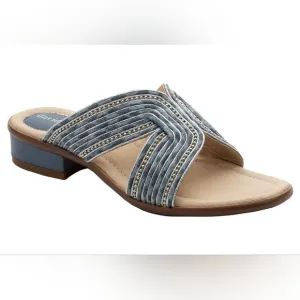 NIB David Tate Thrill Sandals Slide Heel Faux Leather Fabric Metallic Denim 10.5