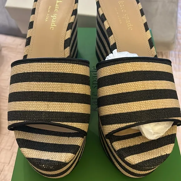 NIB Kate Spade Ibiza Raffia Black/Beach Sand Slides Sz. 9B