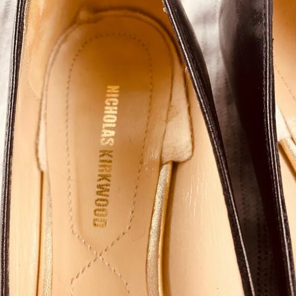 Nicholas Kirkwood Beya Chevron Black White Pointed Toe Leather Loafer Flats 5.5