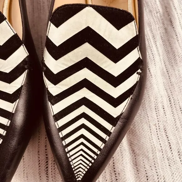 Nicholas Kirkwood Beya Chevron Black White Pointed Toe Leather Loafer Flats 5.5
