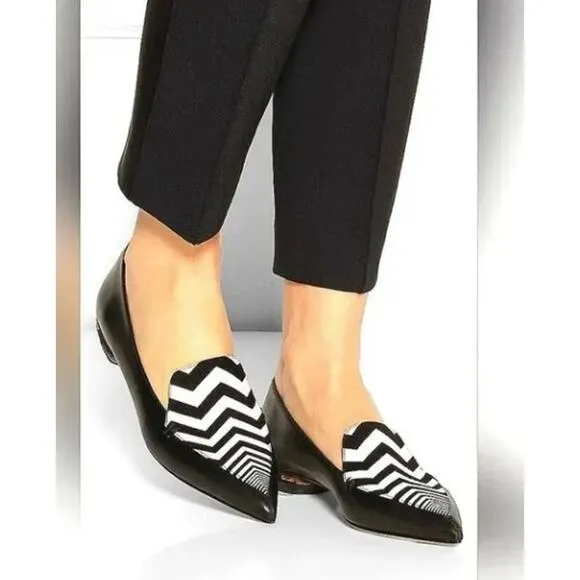 Nicholas Kirkwood Beya Chevron Black White Pointed Toe Leather Loafer Flats 5.5