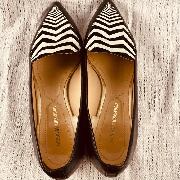 Nicholas Kirkwood Beya Chevron Black White Pointed Toe Leather Loafer Flats 5.5