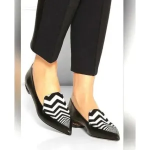 Nicholas Kirkwood Beya Chevron Black White Pointed Toe Leather Loafer Flats 5.5