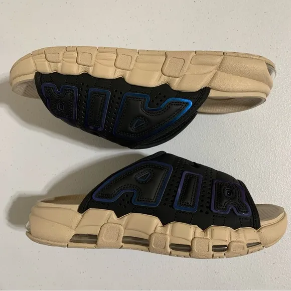 Nike Air More Uptempo “Black/Multi-Color/Sanddrift/Clear” Slides-Size 7 NWOT