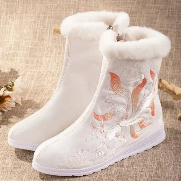 Nine-Tail Fox Fleece Lined Mid Calf Boots | Women Faux Fur Winter Boots #897