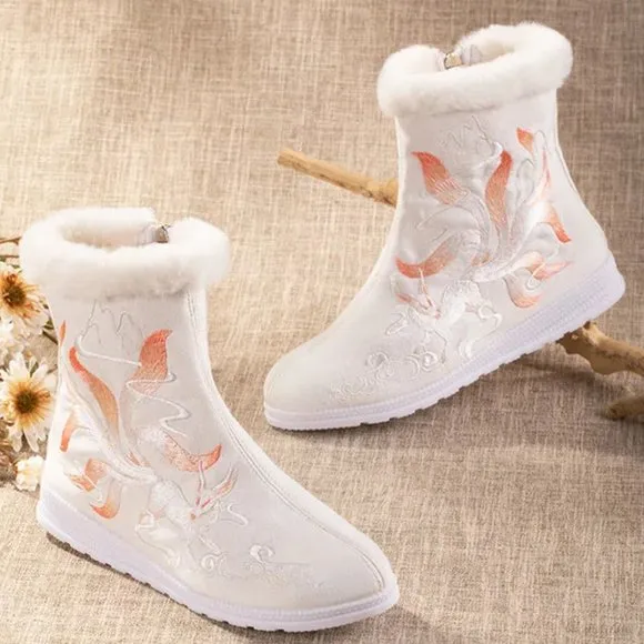 Nine-Tail Fox Fleece Lined Mid Calf Boots | Women Faux Fur Winter Boots #897