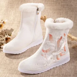 Nine-Tail Fox Fleece Lined Mid Calf Boots | Women Faux Fur Winter Boots #897