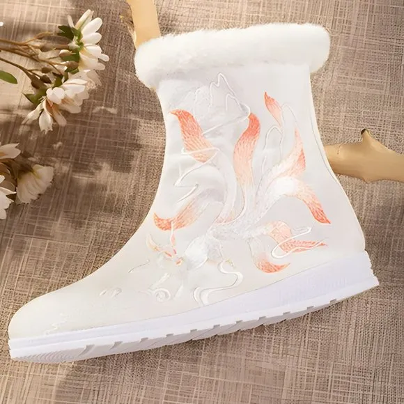 Nine-Tail Fox Fleece Lined Mid Calf Boots | Women Faux Fur Winter Boots #897