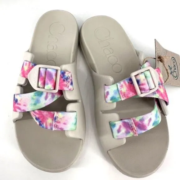 NWB Chaco Child Chillos Kids Sandal Gray &amp; Pink Tie Dye Size 3 Beach Slides