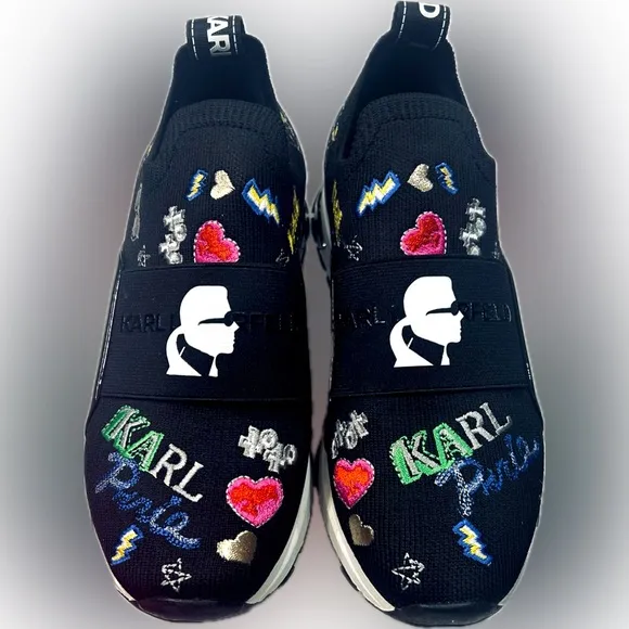 NWOB Karl Lagerfeld Kids SZ 5.5 M/35.5M Black Paris motif slip on sneakers.