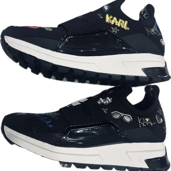 NWOB Karl Lagerfeld Kids SZ 5.5 M/35.5M Black Paris motif slip on sneakers.