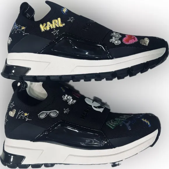 NWOB Karl Lagerfeld Kids SZ 5.5 M/35.5M Black Paris motif slip on sneakers.