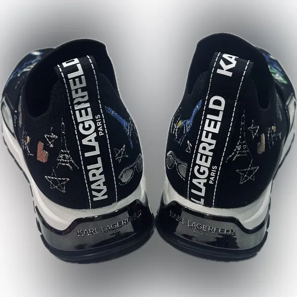 NWOB Karl Lagerfeld Kids SZ 5.5 M/35.5M Black Paris motif slip on sneakers.