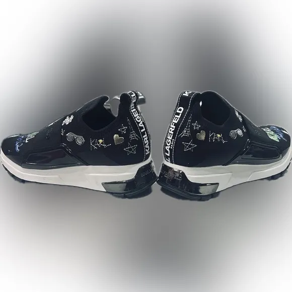 NWOB Karl Lagerfeld Kids SZ 5.5 M/35.5M Black Paris motif slip on sneakers.