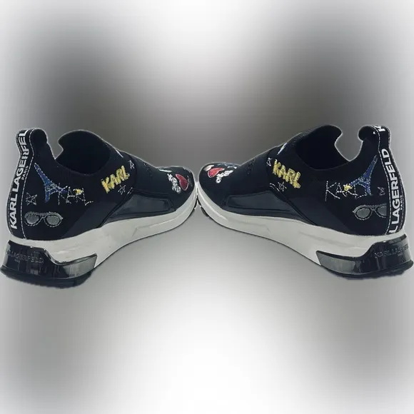 NWOB Karl Lagerfeld Kids SZ 5.5 M/35.5M Black Paris motif slip on sneakers.