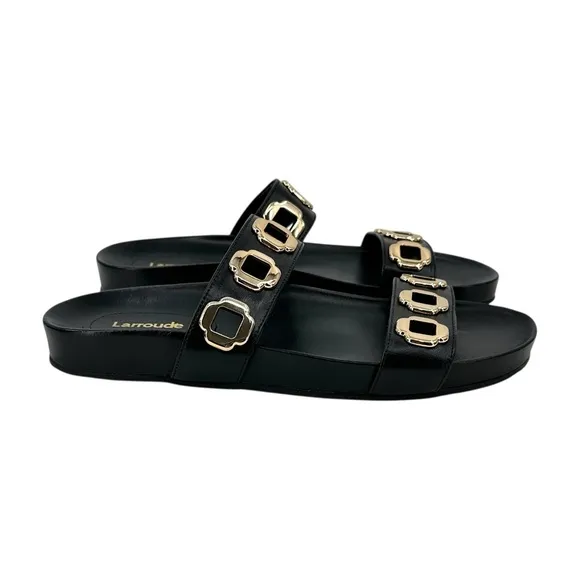 NWOB Larroude Milan Slide - Black Leather Handmade Flat Slides Sandals sz 8