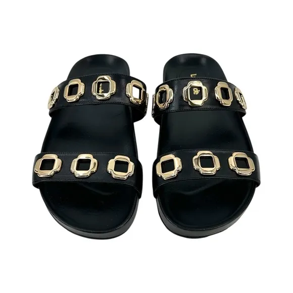 NWOB Larroude Milan Slide - Black Leather Handmade Flat Slides Sandals sz 8