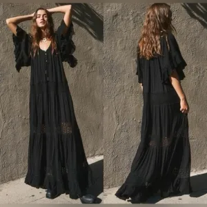 NWOT Free People Dream On Embroidered Lace Oversized Maxi Dress In Black Size XS