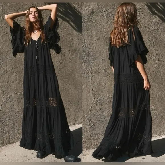 NWOT Free People Dream On Embroidered Lace Oversized Maxi Dress In Black Size XS