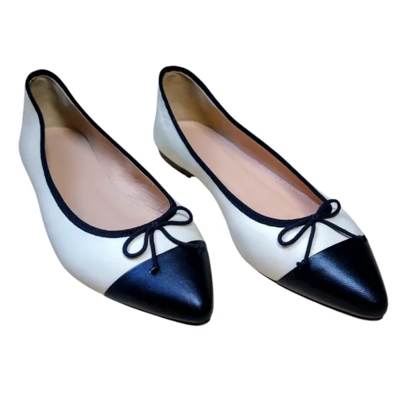 NWOT J.Crew Pointed-toe d'orsay ballet flats White Black Bow Detail Women Size 8