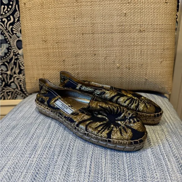 NWOT Prada Navy and Gold Espadrilles
