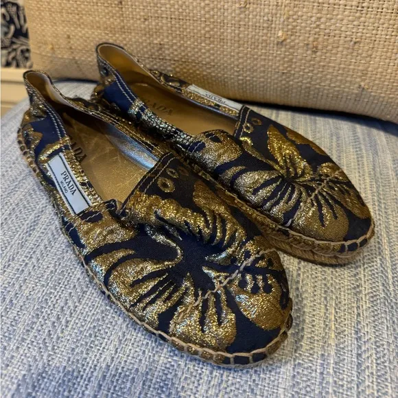 NWOT Prada Navy and Gold Espadrilles