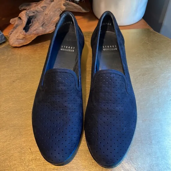 NWOT! Stuart Weitzman Perforated Loafers in Black Nubuck Leather