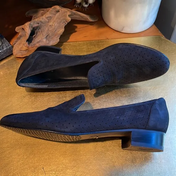 NWOT! Stuart Weitzman Perforated Loafers in Black Nubuck Leather
