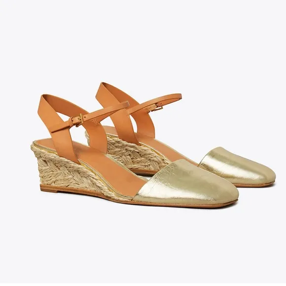 NWOT Tory Burch cap toe leather wedge espadrilles. Gold details. Buckle strap