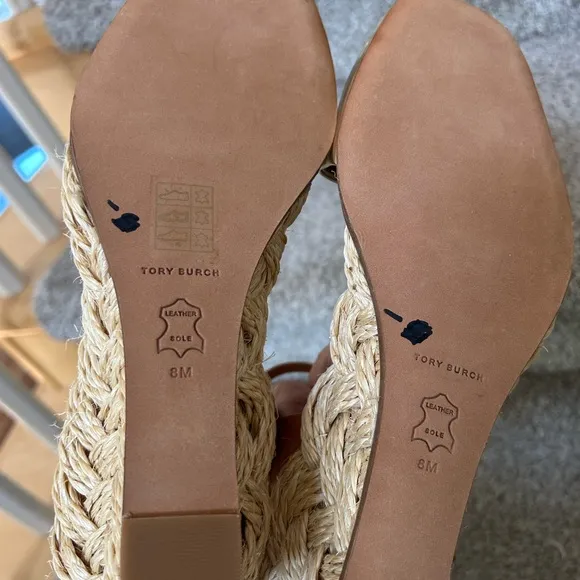 NWOT Tory Burch cap toe leather wedge espadrilles. Gold details. Buckle strap