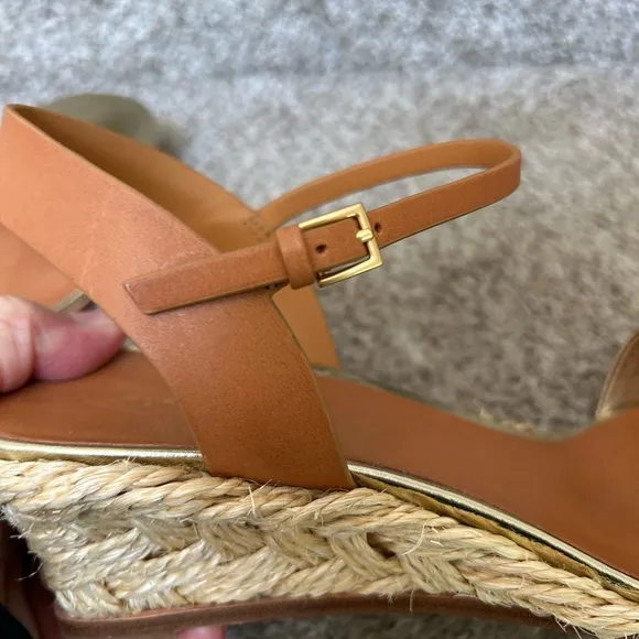 NWOT Tory Burch cap toe leather wedge espadrilles. Gold details. Buckle strap