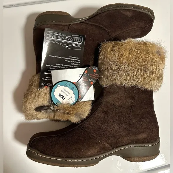 NWT Blondo Canada Suede square toe fur trim wool lined vintage boots brown
