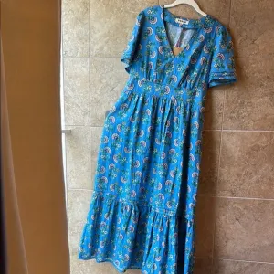 NWT Boden Eve Linen Midi Dress Blue Botanical Bunch Pockets Size 10L US 14L UK