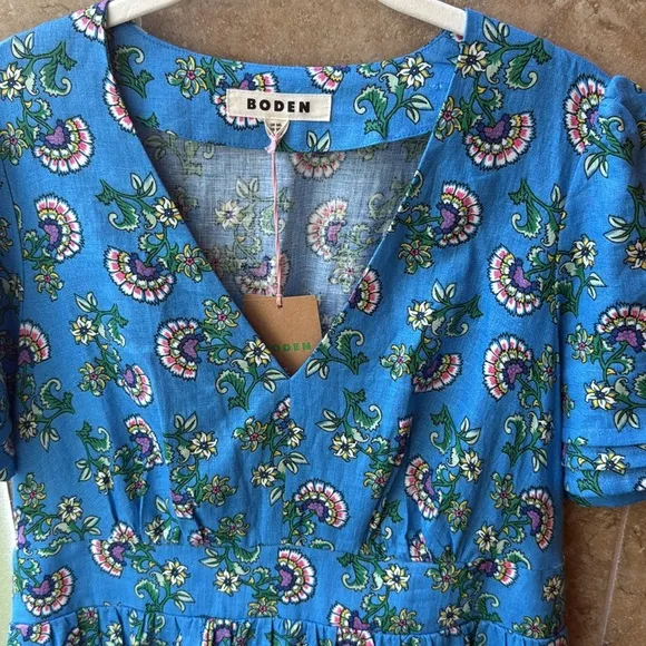 NWT Boden Eve Linen Midi Dress Blue Botanical Bunch Pockets Size 10L US 14L UK
