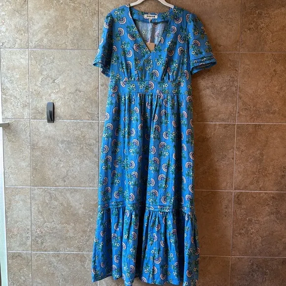 NWT Boden Eve Linen Midi Dress Blue Botanical Bunch Pockets Size 10L US 14L UK