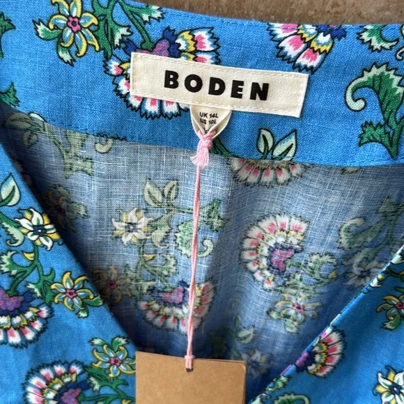 NWT Boden Eve Linen Midi Dress Blue Botanical Bunch Pockets Size 10L US 14L UK
