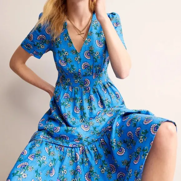 NWT Boden Eve Linen Midi Dress Blue Botanical Bunch Pockets Size 10L US 14L UK