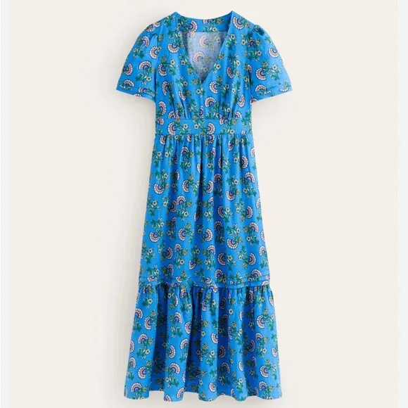 NWT Boden Eve Linen Midi Dress Blue Botanical Bunch Pockets Size 10L US 14L UK
