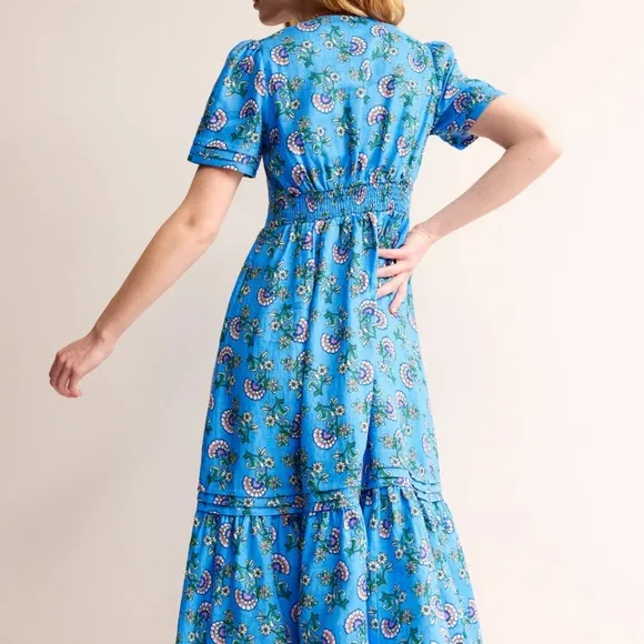 NWT Boden Eve Linen Midi Dress Blue Botanical Bunch Pockets Size 10L US 14L UK