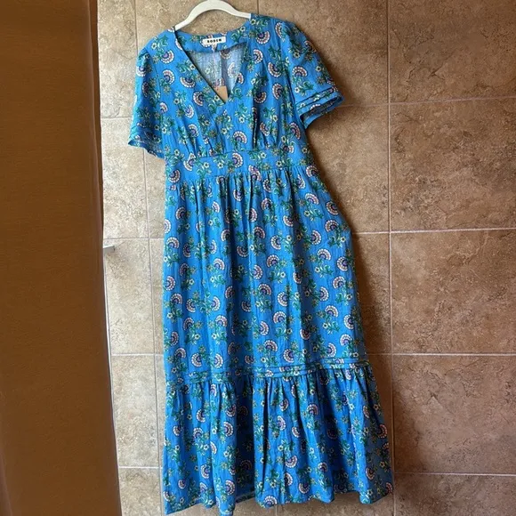 NWT Boden Eve Linen Midi Dress Blue Botanical Bunch Pockets Size 10L US 14L UK