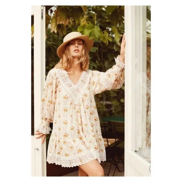 NWT BY TIMO Cotton Slub V Neck Floral Eyelet V Neck Mini Dress Wallpaper Small