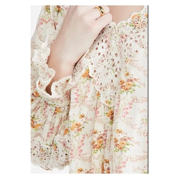 NWT BY TIMO Cotton Slub V Neck Floral Eyelet V Neck Mini Dress Wallpaper Small