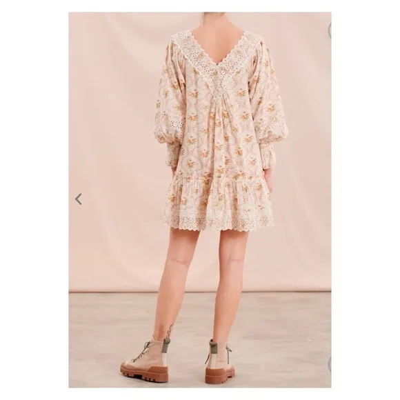 NWT BY TIMO Cotton Slub V Neck Floral Eyelet V Neck Mini Dress Wallpaper Small
