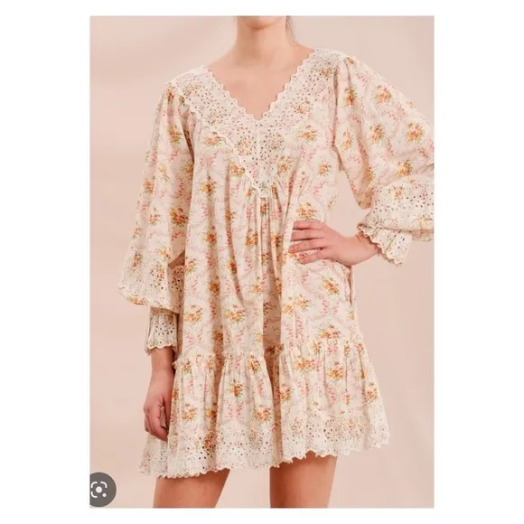 NWT BY TIMO Cotton Slub V Neck Floral Eyelet V Neck Mini Dress Wallpaper Small