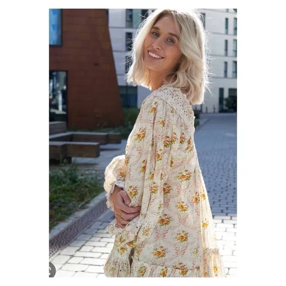 NWT BY TIMO Cotton Slub V Neck Floral Eyelet V Neck Mini Dress Wallpaper Small