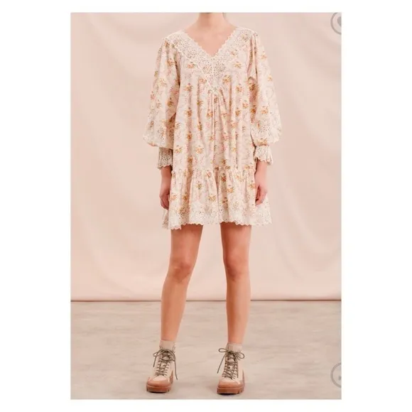 NWT BY TIMO Cotton Slub V Neck Floral Eyelet V Neck Mini Dress Wallpaper Small