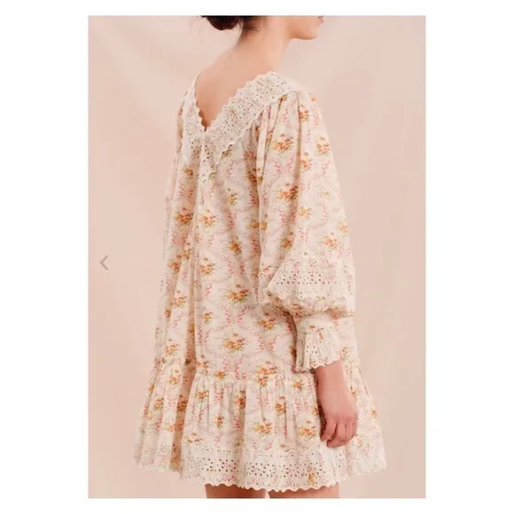 NWT BY TIMO Cotton Slub V Neck Floral Eyelet V Neck Mini Dress Wallpaper Small