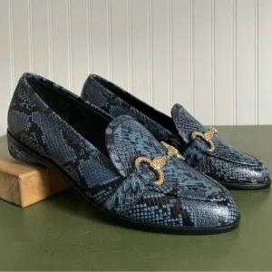 NWT Cecelia NY FENTON Loafers w Horsebit Deco in Blue &amp; Black Snake Leather