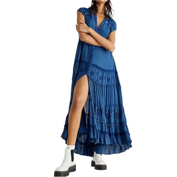 NWT FREE PEOPLE Pretty Cozy Embroidered Maxi Dress M