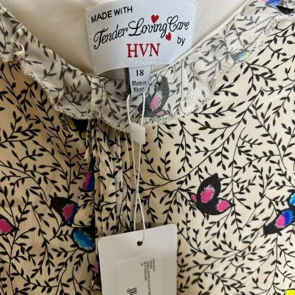 NWT HVN Crepe Anika Ruffled Slip Dress W. Bow Butterflies 18